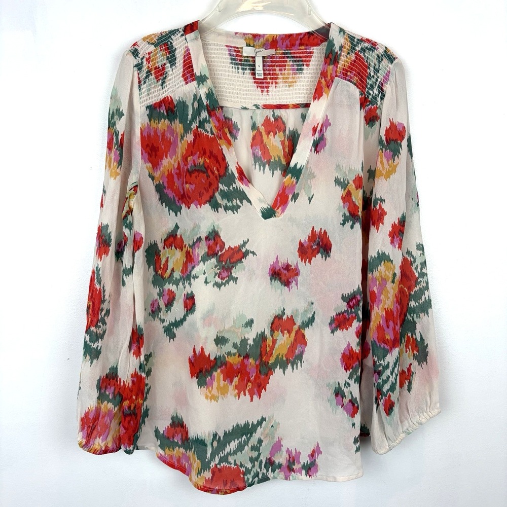 Joie Silk Top Womens Small Floral Tunic Blouse Boho Smocked Peasant Sheer